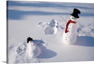 Snowmen In Forest Making Snow Angel, Alaska