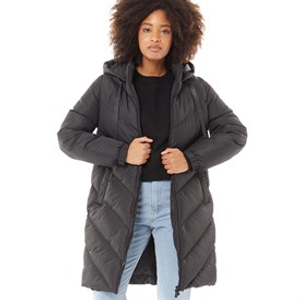 French Connection Womens Long Length Chevron Hooded Puffer Coat Black