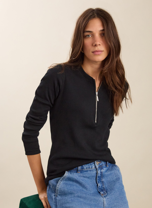 Organic Cotton Long Sleeve Zip Top - 12 (UK Size 12) / Caviar Black