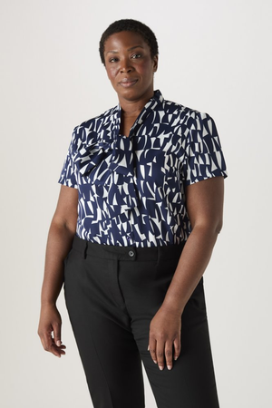 SJ Women's Low Tie Neck Blouse, Navy Shard