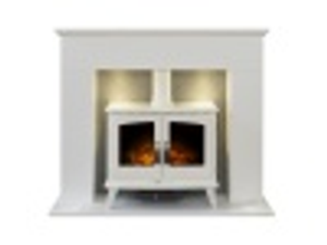 Adam Corinth Stove Fireplace in Pure White & Grey with Downlights & Woodhouse Electric Stove in Pure White, 48 Inch