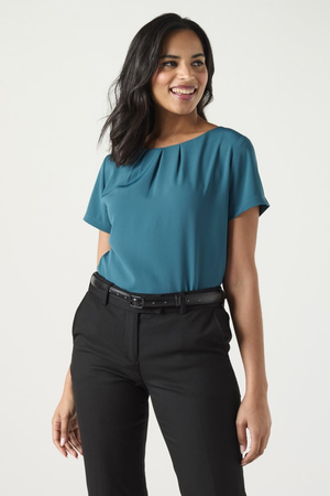 SJ Women's Pleat Neck Blouse, Dark Teal