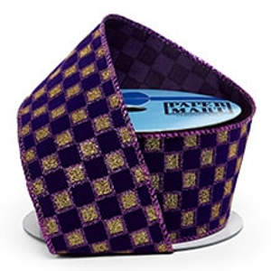 Sparkling Checkered Print On Velvet Wired Ribbon, Gold/Purple, Roll 1 - 2-1/2" X 10 Yards, - by Paper Mart