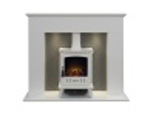 Adam Corinth Stove Fireplace in Pure White & Grey with Downlights & Aviemore Electric Stove in White, 48 Inch