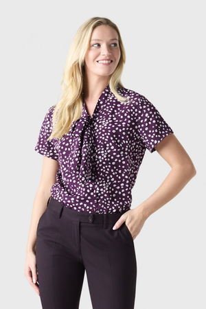 SJ Women's Low Tie Print Blouse, Plum Abstract Spot