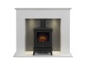 Adam Corinth Stove Fireplace in Pure White & Grey with Downlights & Hudson Electric Stove in Black, 48 Inch