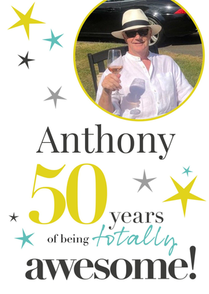 Circular Photo Frame With Stylish Typography And Stars Photo Upload Fiftieth Birthday Card