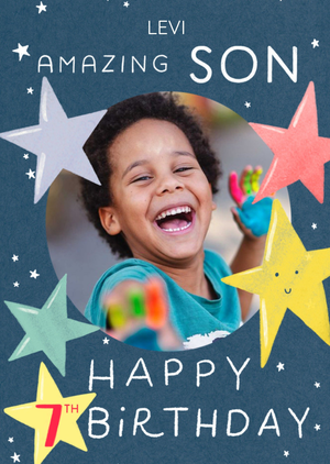 Circular Photo Frame Surrounded By Colourful Stars Son's Photo Upload Seventh Birthday Card
