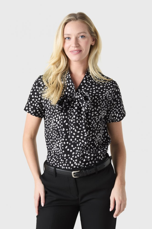 SJ Women's Low Tie Neck Blouse Black Abstract Spot