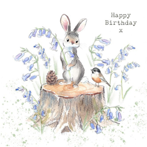 Moonpig Illustration Of A Cute Rabbit And A Bird Sitting On A Tree Stump Among Bluebells Birthday Card