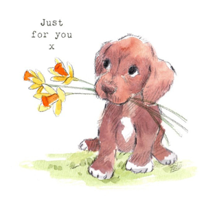 Moonpig Illustration Of A Cute Puppy With Daffodils Just For You Card