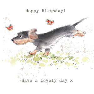 Moonpig Illustration Of A Cute Dog Chasing Butterflies Birthday Card