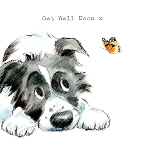 Moonpig Illustration Of A Cute Dog And A Butterfly Get Well Soon Card