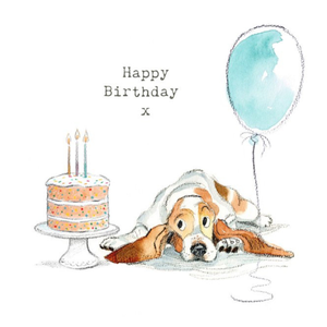 Moonpig Illustration Of A Cute Dog With A Cake And A Balloon Birthday Card