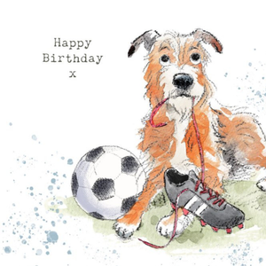 Moonpig Illustration Of A Cute Dog With A Football And A Boot Birthday Card