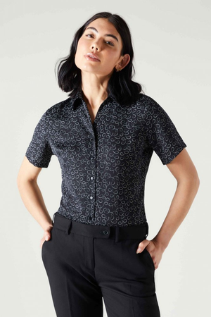 SJ Women's Open Collar Print Blouse Black Beaded Swirl