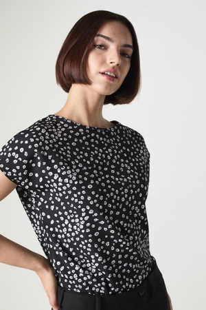 SJ Women's Slash Neck Print Blouse Black Abstract Spot