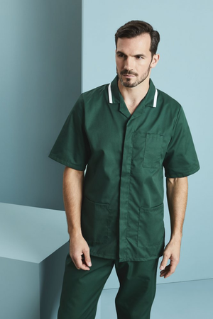 SJ Men's Collar Healthcare Tunic, Bottle Green with White Trim