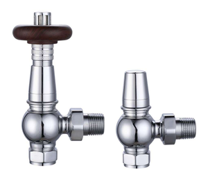 Traditional Style Thermostatic TRV &amp; Lockshield Angled Radiator Valves - Chrome