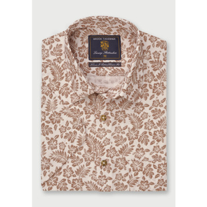 Regular Fit Coffee Leaf Print Short Sleeve Linen Cotton Shirt