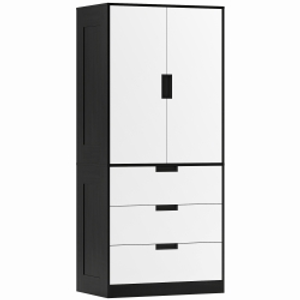 HOMCOM 2 Door Wardrobe, Modern Wardrobe with 3 Drawers and Hanging Rod for Bedroom, Black