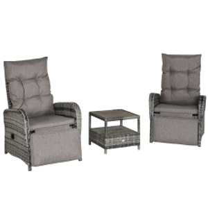 Outsunny 2 Seater Patio Wicker No installation Chaise Lounge Sofa Set with Fabric Cushion, Grey