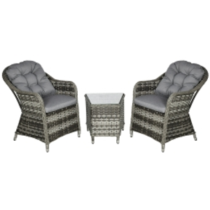 Outsunny 3 Pieces Rattan Bistro Set, Wicker Garden Bistro Set, Glass Top Balcony Table and Chairs with Cushions for Outdoor, Patio, Balcony, Grey