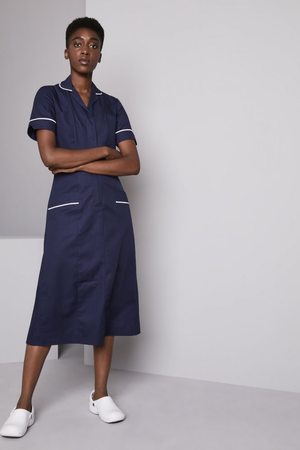 SJ Women's Healthcare Dress, Reg. Length, Navy with White Trim