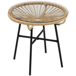 Outsunny Rattan Side Table, Round Outdoor Coffee Table, with Round PE Rattan and Tempered Glass Tabletop for Patio, Garden, Balcony, Beige