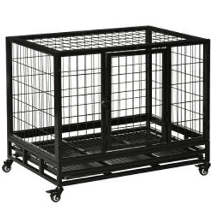 PawHut 36" Heavy Duty Metal Dog Crate Pet Cage with Tray Wheeled Dog Kennel - Black (Medium)