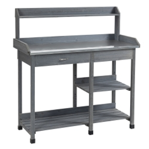 Outsunny Garden Potting Table with Storage, Workbench, Metal Top, Storage Shelves & Hooks for Patio, Courtyard, Wooden