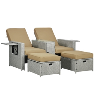 Outsunny 5PC PE Rattan Sun Lounger, Outdoor Wicker 5-level Adjustable Recliner Sofa Bed with Storage Side Table and Footstools, for Patio, Garden, Poolside, Beige