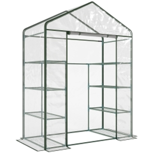 Outsunny Walk in Greenhouse with 4-Tier 8 Shelves, Green House with Hemmed Cover, Roll-up Zipped Door, Steel Frame, 143 x 73 x 195cm