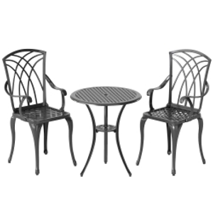 Outsunny 3 Pieces Garden Dining Set for 2, Cast Aluminium Outdoor Dining Set with 2 Armchairs and Round Dining Table with Parasol Hole, Garden Furniture Bistro Set, Brown