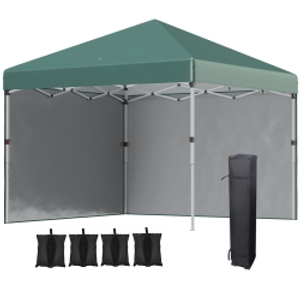 Outsunny 3 x 3 (M) Pop Up Gazebo, UPF 30+ with 2 Sidewalls, Leg Weight Bags and Wheeled Bag, Height Adjustable Party Tent Event Shelter for Garden, Patio, Green