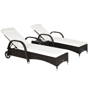 Outsunny Rattan Sun Loungers Set of 2 with Side Table, 3-Piece Garden Furniture Set, Adjustable Recliner Sunlounger Sunbed with Cushions & Headrest, Wheels, Outdoor Patio Daybed, Brown