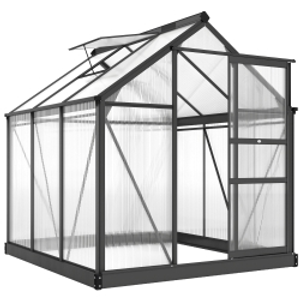 Outsunny 6 x 6ft Polycarbonate Greenhouse, Large Walk in Green House with Slide Door and Window, Garden Plants Grow House with Aluminium Frame and Foundation, Grey