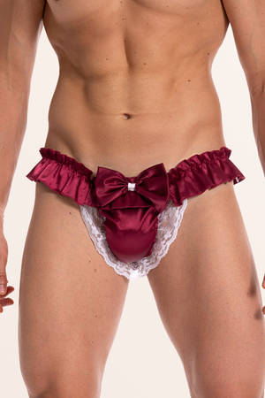 Satin Ruffle Bow Thong - Wine Red