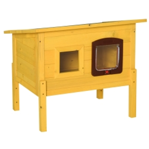 Pawhut Garden Wooden Cat House Hide Cage Outdoor Pet Play Home Waterproof Roof Kitty Shelter Kennel w/ith Door & Window