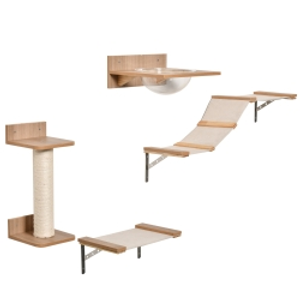 PawHut 4PCs Wall-mounted Cats Climbing Shelf Set Cat Tree Kitten Perch Activity Center with Hammock Scratching Post Jumping Platform Brown
