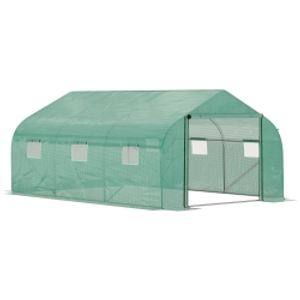 Outsunny Walk-in Polytunnel Garden Greenhouse, Outdoor Mesh Door Greenhouse with PE Cover and 6 Windows, 4.5 x 3 x 2m, Green