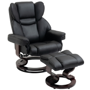 HOMCOM 360° Swivel Recliner Chair with Footstool, PU Leather Manual Recliner Armchair with Footstool, Solid Wood Base, Upholstered Reclining Chair for Living Room, Bedroom, Office, Black