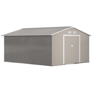 Outsunny 13 x 11ft Large Garden Shed, Mental Garden Storage Shed with Foundation Kit Ventilation & Doors, Light Grey