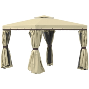 Outsunny 3 x 3(m) Patio Gazebo Canopy Garden Pavilion Tent Shelter with 2 Tier Water Repellent Roof, Mosquito Netting and Curtains, Aluminium Frame, Beige