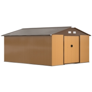 Outsunny 13 x 11ft Metal Garden Shed, Waterproof Outdoor Bike Storage Shed Galvanised with Vents, Foundation Kit, Apex Roof and Lockable Double Doors for Patio Lawn, Light Brown