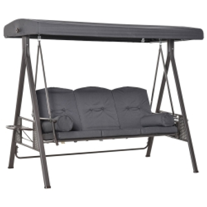 Outsunny 3 Seater Garden Swing Chair Outdoor Hammock Bench w/ Adjustable Canopy, Cushions and Cup Trays, Brown Steel Frame, Dark Grey Fabric