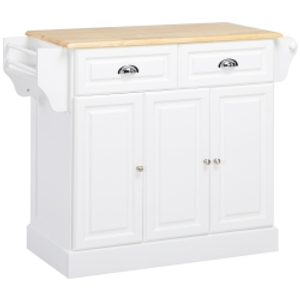 HOMCOM Kitchen Island with Storage Rolling Kitchen Serving Cart with Rubber Wood Top Towel Rack Storage Drawer Cabinet White