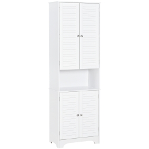 HOMCOM Tall Freestanding Bathroom Cabinet Retro Shutters w/ 3 Compartments Shelves Elevated Base Narrow Organiser White 60L x 30W x 182.5H cm