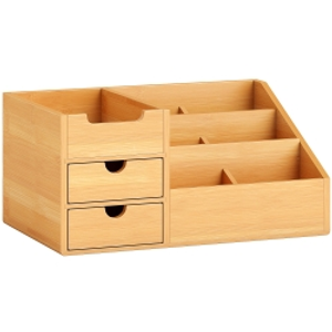HOMCOM Desk Organiser Holder, Bamboo Multi-Function Storage Caddy with 7 Storage Compartments and 2 Drawers for Home Office Stationary Supplies, Natural Bamboo