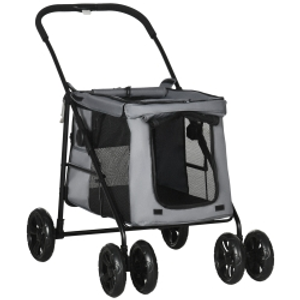 PawHut Dog Pram Dog Stroller 4 Wheels Pet Pushchair with Rolling Door, Cushion, Safety Leashes, for Small and Medium Breeds, Grey